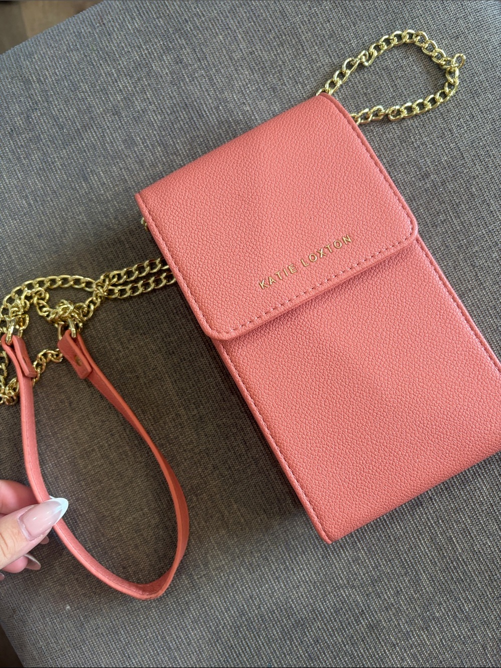 Katie Loxton Pink Crossbody Phone Bag with Gold Chain